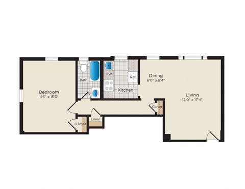 Floor plan for 1 bed, 1 bath, 577 sqft